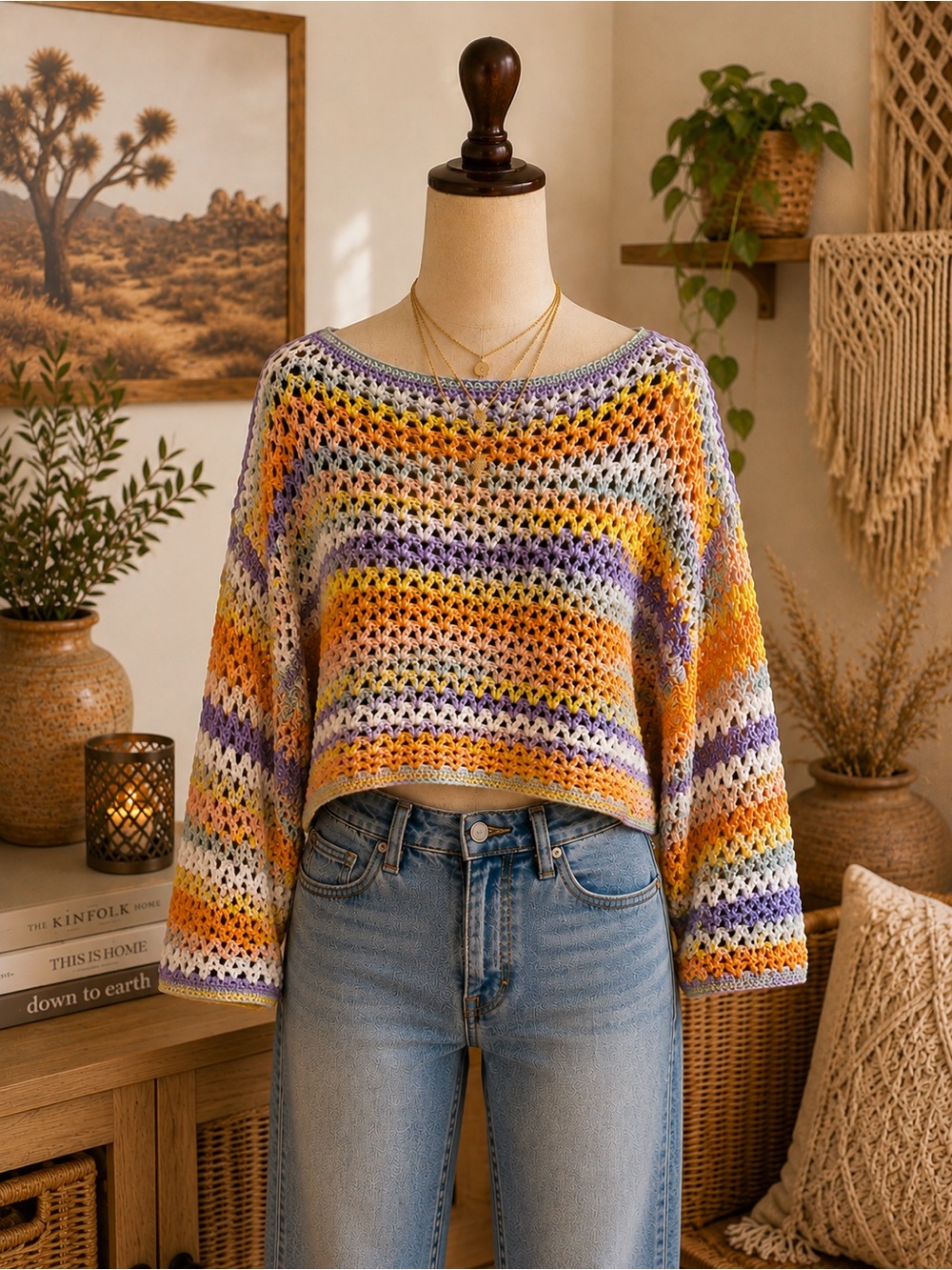 Women’s Multicolor Crochet Boatneck Sweater